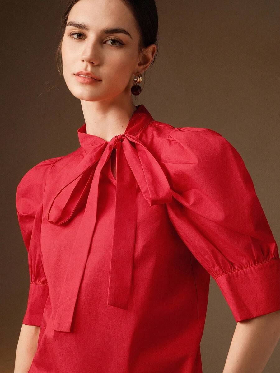 Anewsta Women's Spring Ribbon Bow Puff Sleeve Elegant Blouse - Red - View 1