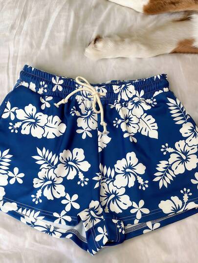 Airaco 女士新款蓝色碎花沙滩度假短裤，夏季