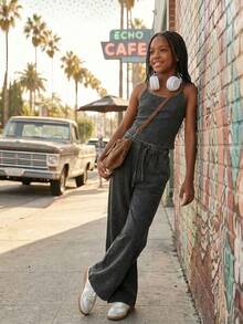 SHEIN 少女休闲家居服修身吊带背心和阔腿条纹针织裤套装，灰色 - 灰色 - 查看 2