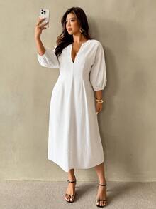 Auralis Plus Size Casual Solid Color Deep V-Neck Dress Work Outfits For Women Office Outfits For Women Office Attire For Women White Dress White Dresses For Women - White - View 8