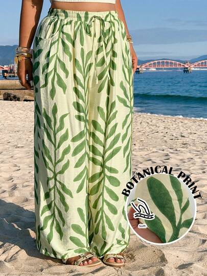 GalTyme 大码女式度假植物图案系带腰宽松阔腿裤