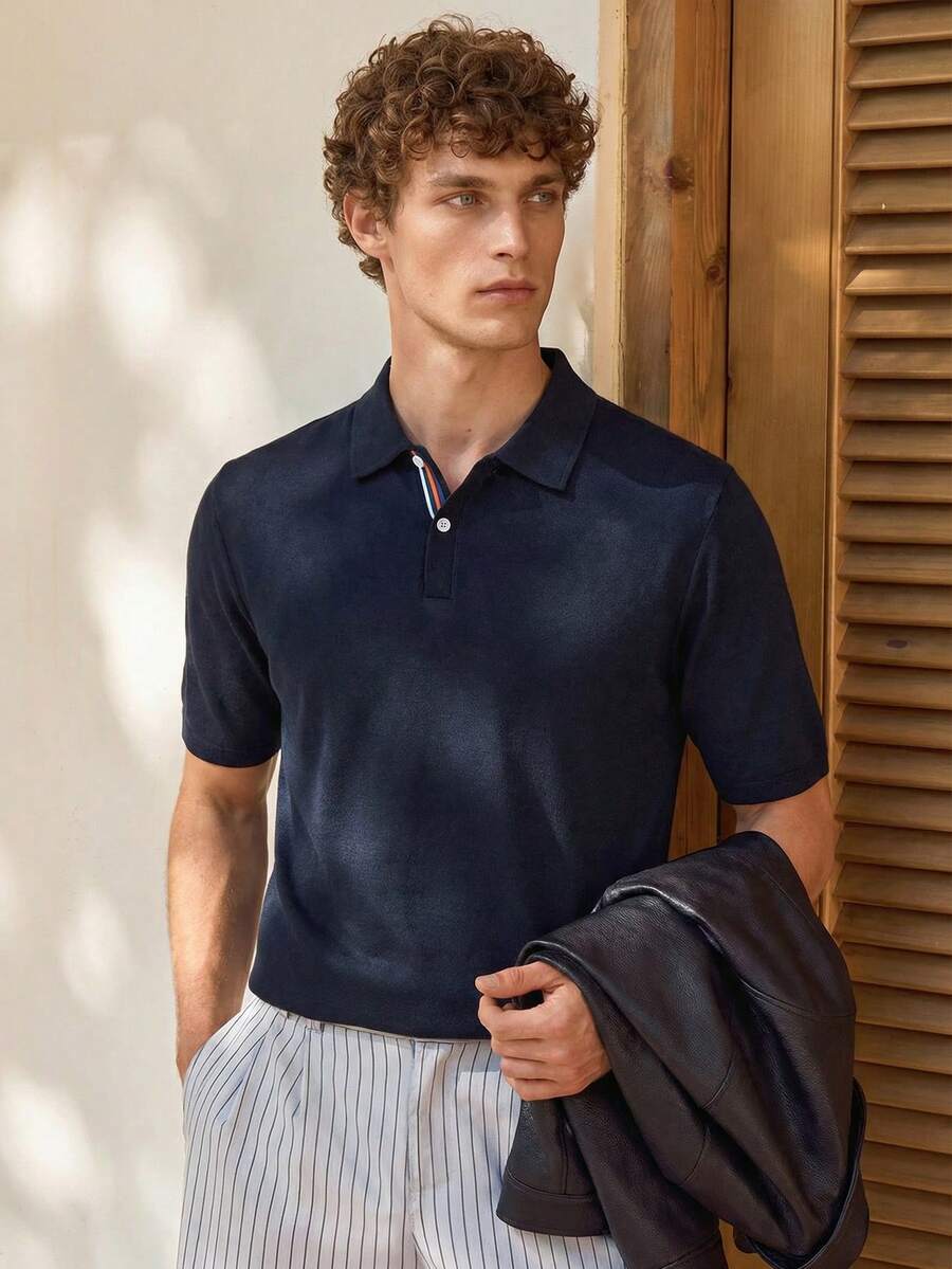 Manfinity CityGents Men's Half-Zip Raglan Short Sleeve Casual Loose Knit Sweater Polo Shirts For Men Collar Men's Knit Shirt Men Knit Polo - Navy Blue - View 1