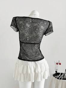 Sweetra 女士新款休闲蕾丝拼接T恤，饰有蝴蝶结，适合通勤、外出、工作、野餐等场合，粉色，春夏秋季皆宜。 - 黑色 - 查看 2