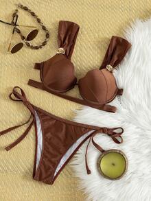 Swim SXY 女士复古焦糖色金属扣宽肩带钢圈比基尼套装，侧系带三角泳裤，性感沙滩度假泳装 - 咖啡棕 - 查看 3