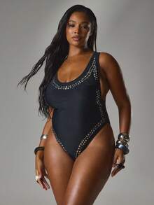 MUSERA Plus Size Studded Scoop Neck Low Back Swimsuit Spring Summer Vacation Holiday Beach Ibiza Festival Swim Sexy Elegant Blackwater - Black - View 1