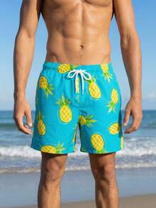 Surfspeed Men's Colorful Pineapple Print Casual Beach Shorts Pineapple Print Shorts Men Vacation Beachwear Men's Pineapple Swim Trunks - Mint Blue - View 7