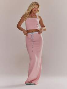 MUSERA 撞色滚边修身吊带背心和长裙套装，春夏可爱少女风，适合度假、海滩、日常休闲穿着。 - 粉色 - 查看 3