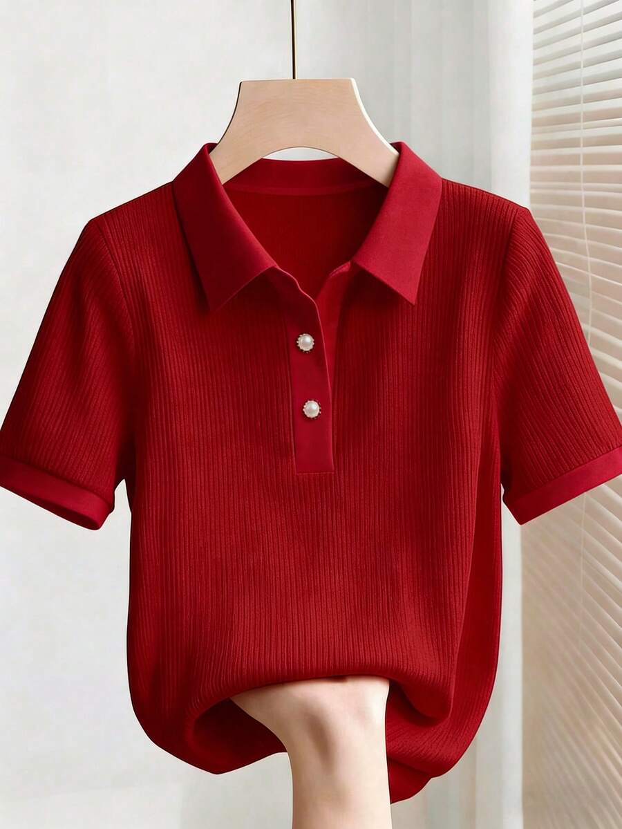 SHEIN Franclia 女士休闲日常通勤简约纯色短袖Polo衫,夏季 - 紅色 - 查看 1