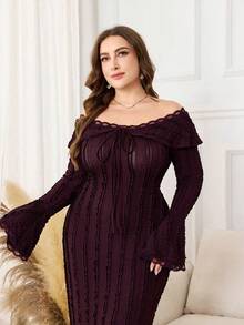 Modelyn Plus Size Women's Off-Shoulder Ruffle Long Sleeve Fitted Lace Patchwork Elegant Dress - Red Violet - View 7