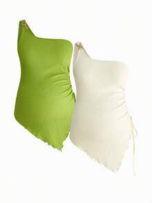 Modmama Maternity Clothes Maternity  Tops Summer Pregnant Clothes Two-Pack T-Shirts For Comfort And Casual Wear 2pcs Maternity Summer Casual Vacation Solid Color Drawstring Ruched Asymmetrical Hem Blouse - Multicolor - View 3