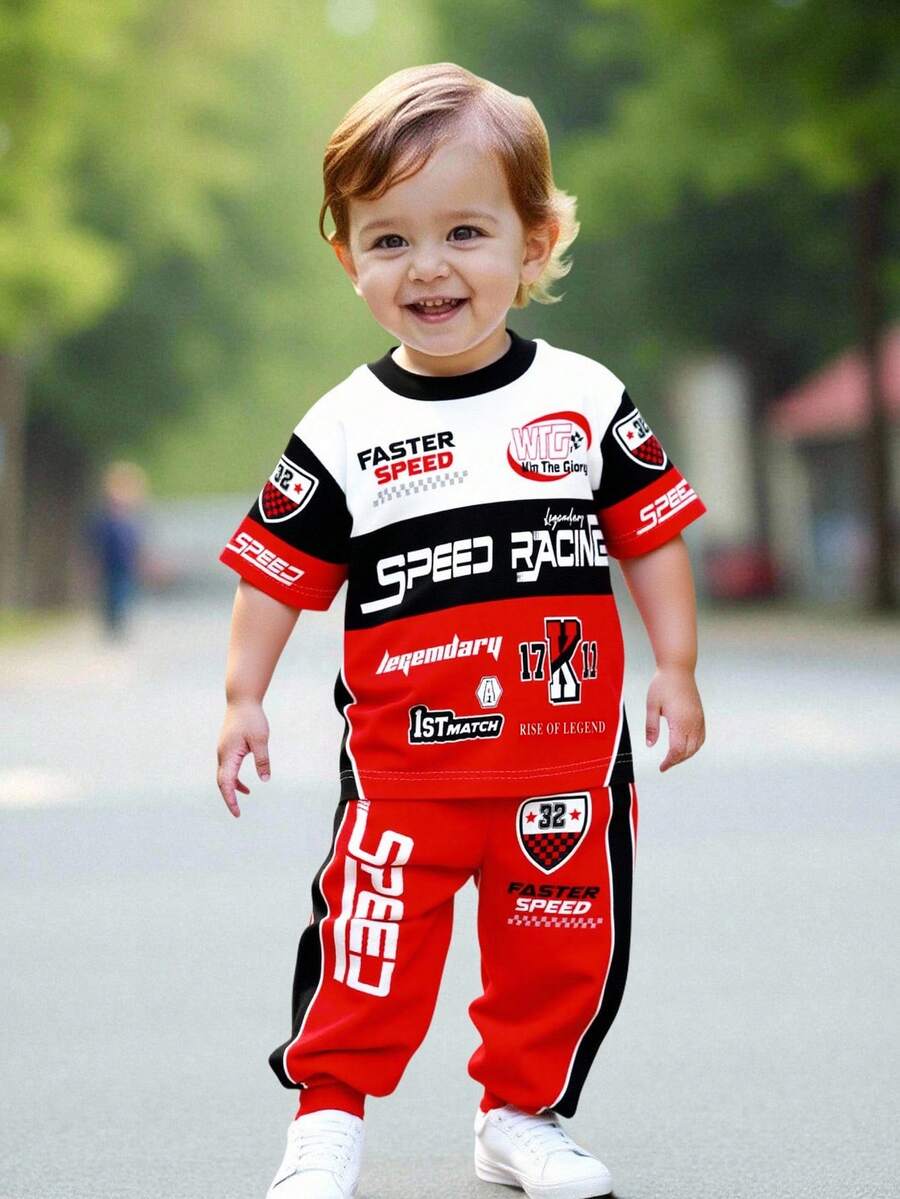 SHEIN Baby Boy Casual Stylish Classic Cool Racing Sports Text Graphic Print Round Neck Short Sleeve T-Shirt And Pants Set, Suitable For Spring/Summer Fall - Multicolor - View 1
