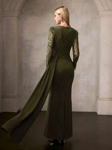 MOTF Soiréza ELEGANT OLIVE GREEN ROUND NECK LONG SLEEVE FLOOR-LENGTH PARTY DRESS FOR WOMEN, SPARKLY BEADED SHEER MESH SLEEVES, ASYMMETRIC DRAPED SIDE DETAIL - Army Green - View 3