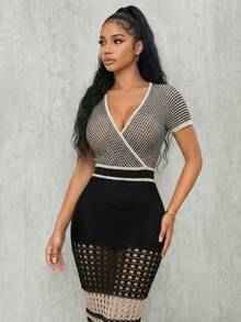 Eryvara Colorblock V-Neck Short Sleeve Fitted Elegant Knit Dress, Vacation Style - Multicolor - View 1