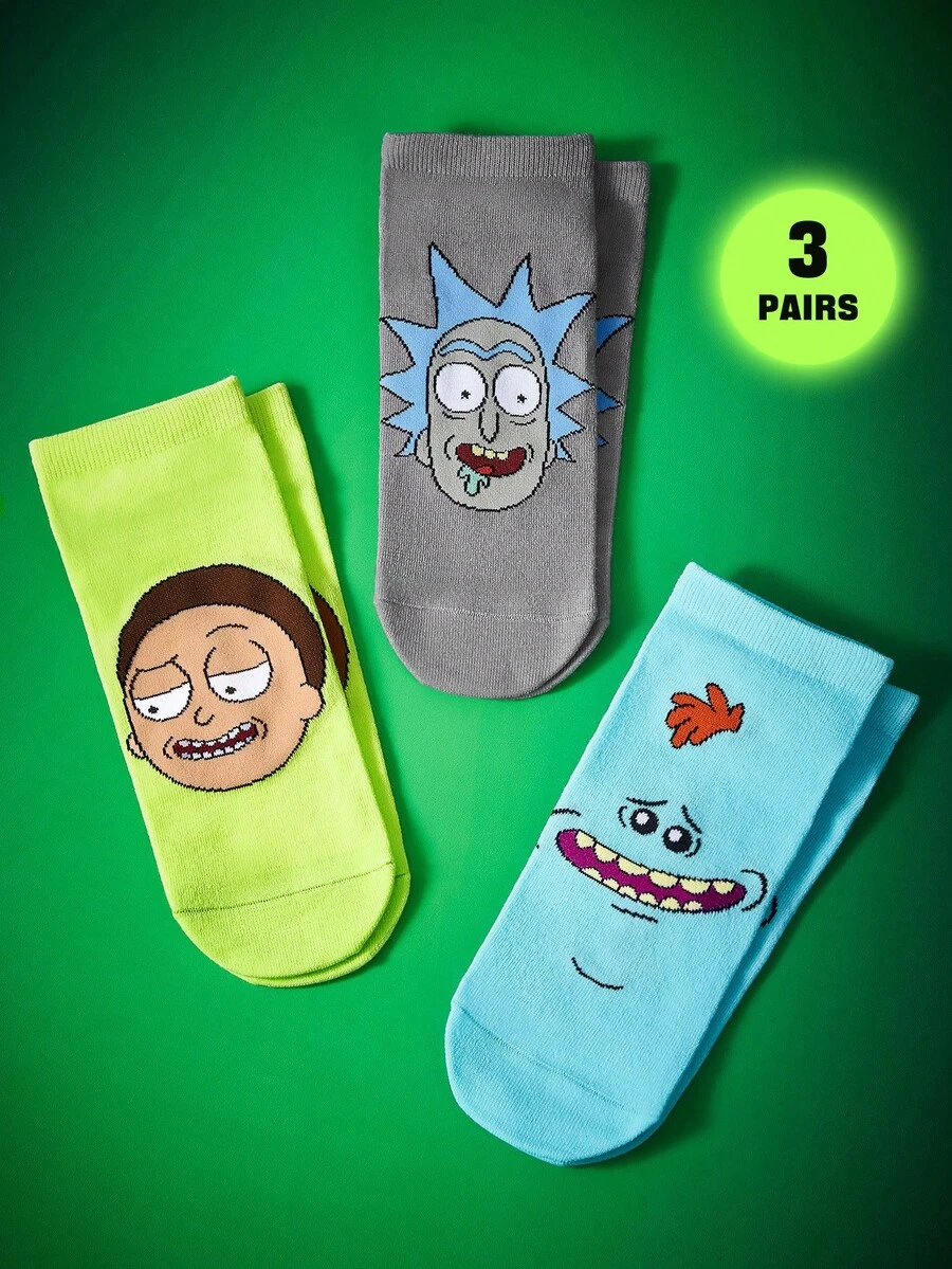 Rick and Morty X SHEIN 3双装柔软透气吸湿休闲短袜,时尚可爱卡通灰蓝绿配色,加固趾部和后跟,经久耐穿,男女通用,四季皆宜,夏季冬季百搭图案袜 - 彩色 - 查看 1
