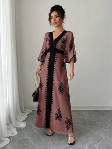 Rafferiza 女士拼接长袖印花休闲长裙，优雅女士裹身连衣裙，女士正式礼服，复古连衣裙，最新款连衣裙 - 深棕色 - 查看 6