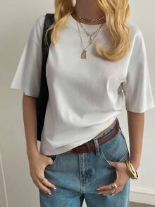 DAZY 女士休闲宽松圆领基础款短袖上衣，秋冬季露脐上衣 - 白色 - 查看 6