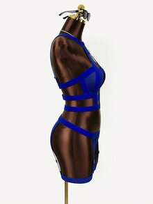 鏤空吊脖鋼圈吊帶襪內衣套裝 - 寶藍色 - 查看 3