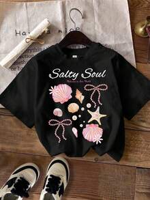 黑色 Salty Soul 甜美海星貝殼珍珠蝴蝶結圖案 T-shirt，青少年女孩休閒極簡短袖圓領上衣，適合春夏季日常、街頭、外出、居家、度假、返校、海灘穿搭 - 彩色 - 查看 3