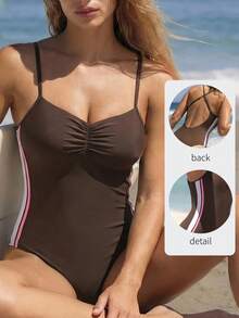 SHEIN Swim SPRTY 2026夏季新款女士褶皱撞色露背冲浪泳衣，适合海滩度假、音乐节、海边约会、休闲度假、性感优雅休闲、沙滩派对、泳池派对等场合。运动休闲女式泳衣，连体比基尼，女士泳装，全包臀泳衣。 - 棕色 - 查看 4