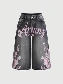 ROMWE Grunge Punk Quần lửng denim nữ mùa hè 2026, họa tiết hoa anh đào và chữ cái, quần short jeans ống đứng dáng rộng. - Xám - Xem 1