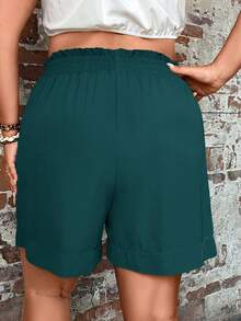 EMERY ROSE Pantalones cortos de lino casuales para mujer talla grande, unicolor, cintura con volantes y bolsillos, estilo bohemio para vacaciones de verano - Verde - Ver 2
