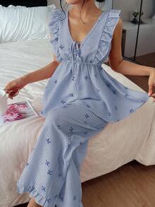 Napfluff Bộ đồ ngủ mùa hè 2 món gồm áo và quần, họa tiết sọc, nơ và viền bèo nhún. - Màu xanh lam - Xem 6