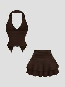 SHEIN Sweetro Bộ đồ 2 mảnh phong cách Âu Mỹ gợi cảm gồm áo crop top cổ chữ V khoét sâu và chân váy thiết kế retro với khóa kim loại, thích hợp cho kỳ nghỉ, hẹn hò hoặc buổi tối, dành cho nữ, mùa xuân/hè. - Cà phê nâu - Xem 2