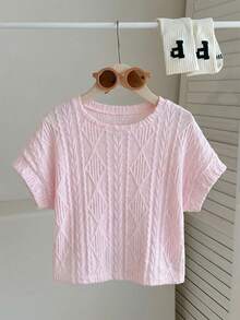 SHEIN Áo thun tay ngắn raglan cổ tròn, chất liệu vải dệt, dáng rộng, thoải mái dành cho bé gái tuổi teen. - Màu Hồng baby - Xem 7