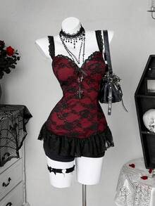 Sunspun Plus Size Lace Patchwork Red & Black Contrast Camisole - Multicolor - View 3