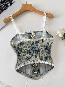 Lyxana Women's Elegant Green Floral Summer Tea Party Retro Sleeveless Camisole Slim Jacquard Lace Trim Drawstring Bow Tie Fashion Cardigan - Green - View 2