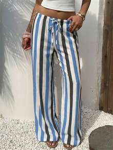 Aloruh Quần ống rộng dáng suông kẻ sọc cạp thấp, kiểu vintage, in họa tiết đồng xu, dành cho nữ. - Nhiều màu - Xem 3