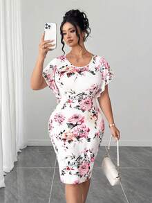 Elenzga Plus Size Elegant Floral Print Fitted Bodycon Dress, Ruffle Sleeve Design, Suitable For Daily Commute, Outing, Party And Vacation - Multicolor - View 6