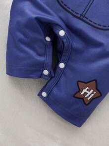 SHEIN Bộ áo liền quần mùa hè cho bé trai, màu trắng và xanh dương, họa tiết sư tử năng động, rộng rãi thoải mái, phù hợp cho các hoạt động thường ngày, họp mặt gia đình và chụp ảnh. - trắng - Xem 10