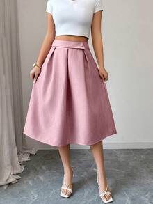 Elenzga 女士优雅通勤可爱百搭粉色腰带折叠斜褶装饰褶裥设计修身喇叭裙，春夏款 - 淺粉色 - 查看 5