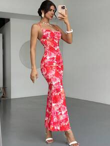 RiviMae Summer Island Vacation Beach Spaghetti Strap Draped Neck Fitted Waist Mermaid Dress For Women - Multicolor - View 4