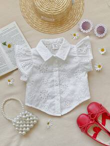 SHEIN 女宝宝可爱夏季度假白色花卉刺绣领短袖衬衫 - 白色 - 查看 7