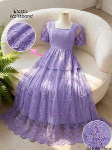 Reflora 大码女式蕾丝荷叶边优雅收腰派对连衣裙 - 紫色 - 查看 12