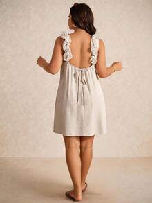 Elaquor 大码纯色极简露背休闲连衣裙 - 杏色 - 查看 7