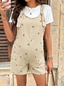 SHEIN Maternity Embroidered Minimalist Casual Jumpsuit - Apricot - View 6