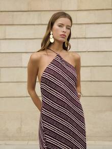Nöista Halter Neck Dress With Diagonal Irregular Stripes, Summer, Spring, Easter. - Brown - View 5
