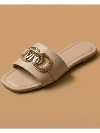 Sandalias Planas de Lujo para Mujer con Eslabón Dorado | Elegantes y Suaves de Confort Total