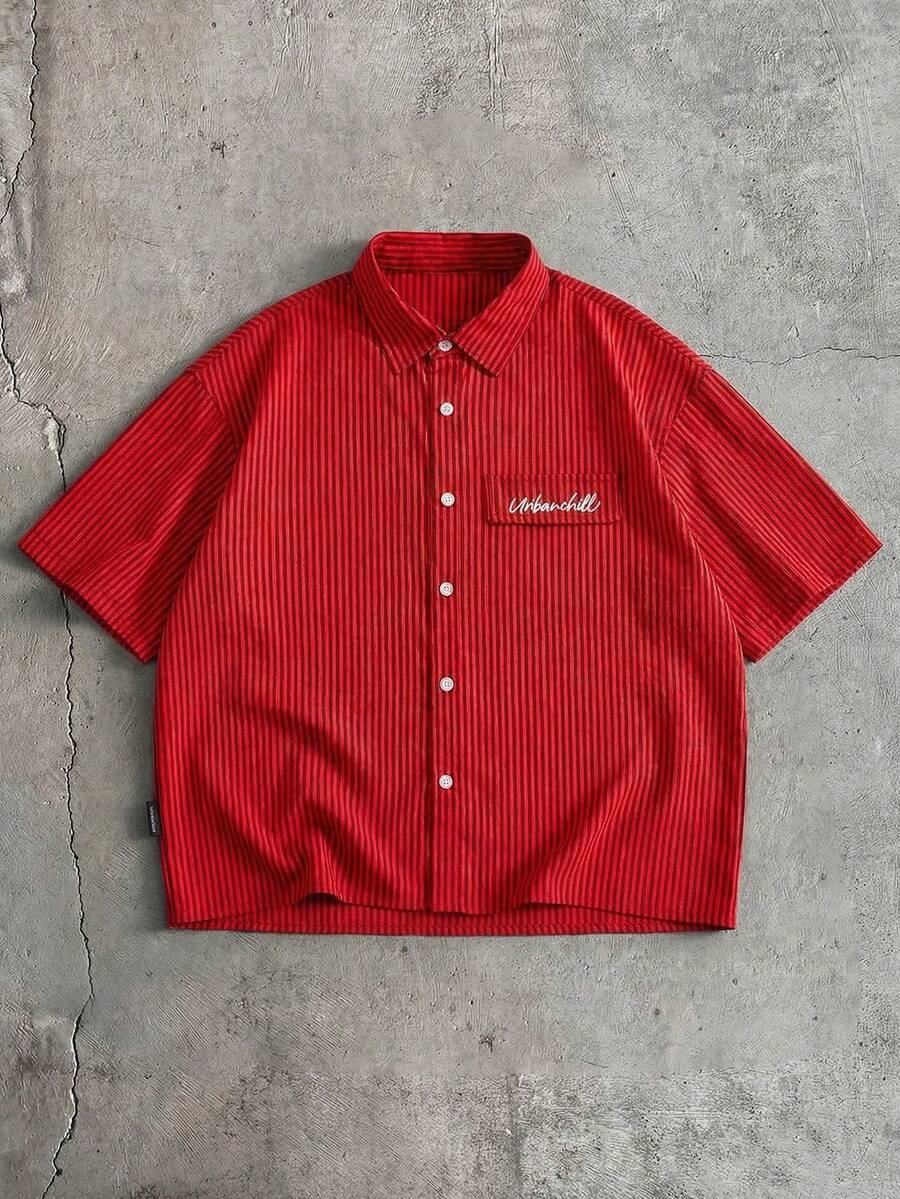 SWAVVY Men's Casual Striped Print Loose Fit Short Sleeve Shirt, Spring/Summer - Red - View 1