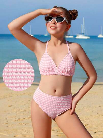 SHEIN Tween Girls Bikini Sets, Girls' Swimwear Set, Vacation, Casual, Elegant Style, Pink Swimwear, Pink And White Checkered Fabric, Halter Neck Sleeveless Swimwear, Bottoms In The Same Fabric, Two Pieces Swimwear Set, Halter Neck Top And Briefs, Fashionable, Casual, Exquisite, Gorgeous, Ladylike, Suitable For Swimming, Summer Vacation, Summer Beach, Seaside, Swimming Pool, Summer Party, Leisure Vacation