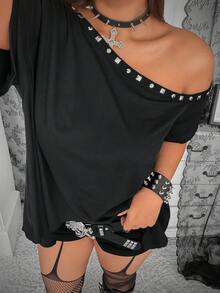 Whyspr Camiseta holgada con bajo asimétrico y decoración de remaches en el hombro asimétrico, talla grande - Negro - Ver 6
