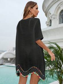 SHEIN LUNE Women's Short Sleeve Crochet Cover-Up Dress For Vacation - Black - View 2