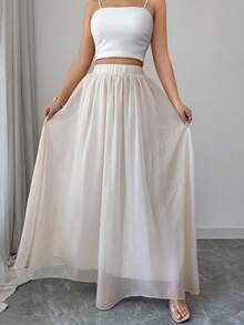 EMERY ROSE Falda de línea A elegante y transparente con lentejuelas para mujer, de estilo versátil adecuado para el trayecto diario, el estilo callejero francés, retro, fiestas, Navidad, Año Nuevo, ocasiones de negocios, en degradado marrón, apta para primavera, verano, otoño e invierno - Beis - Ver 4