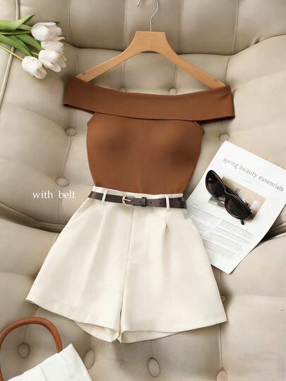 Franclia Women's Solid Color Shoulder Top And Shorts Set