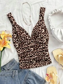 Soleia 女士优雅度假针织面料扭结肩带褶皱复古豹纹修身吊带背心，适合度假、约会、下午茶、海滩、邮轮、城市旅行、海岛度假、音乐节、波西米亚风度假等场合，可内穿或外穿 - 彩色 - 查看 8