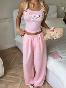 CovetEZ Women's Cute Cartoon Rabbit Print Camisole And Shorts 2 Pieces Outfit,Pink Leopard Print Summer Lounge Set,Casual 2 Pieces Clothes Sets - Pink - View 4