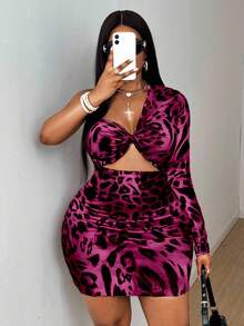 Plus Size Women Leopard Print Hollow Out Twist Mini Dress - Purple - View 2